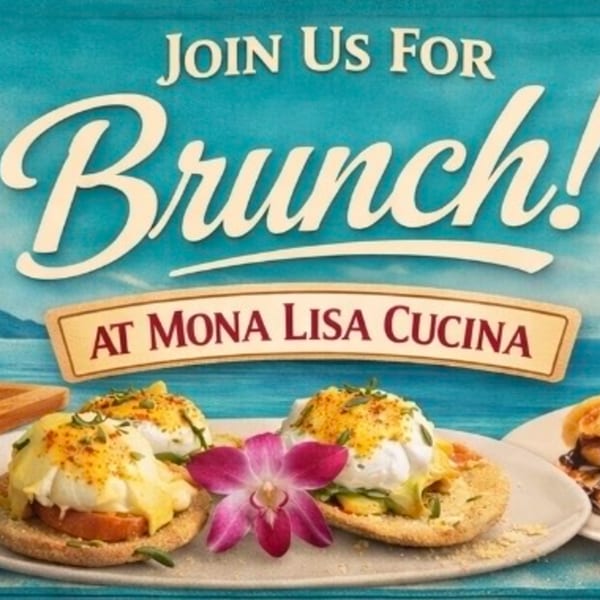 Brunch advertisement for Mona Lisa Cucina with eggs Benedict and a pink orchid on a blue background.