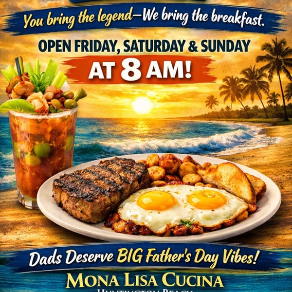 Grilled steak, fried eggs, potatoes, and toast with a Bloody Mary against a beach sunset.