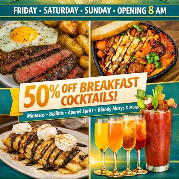 A collage of breakfast dishes and cocktails, including steak and eggs, a skillet dish, crepes, mimosas, and a Bloody Mary.