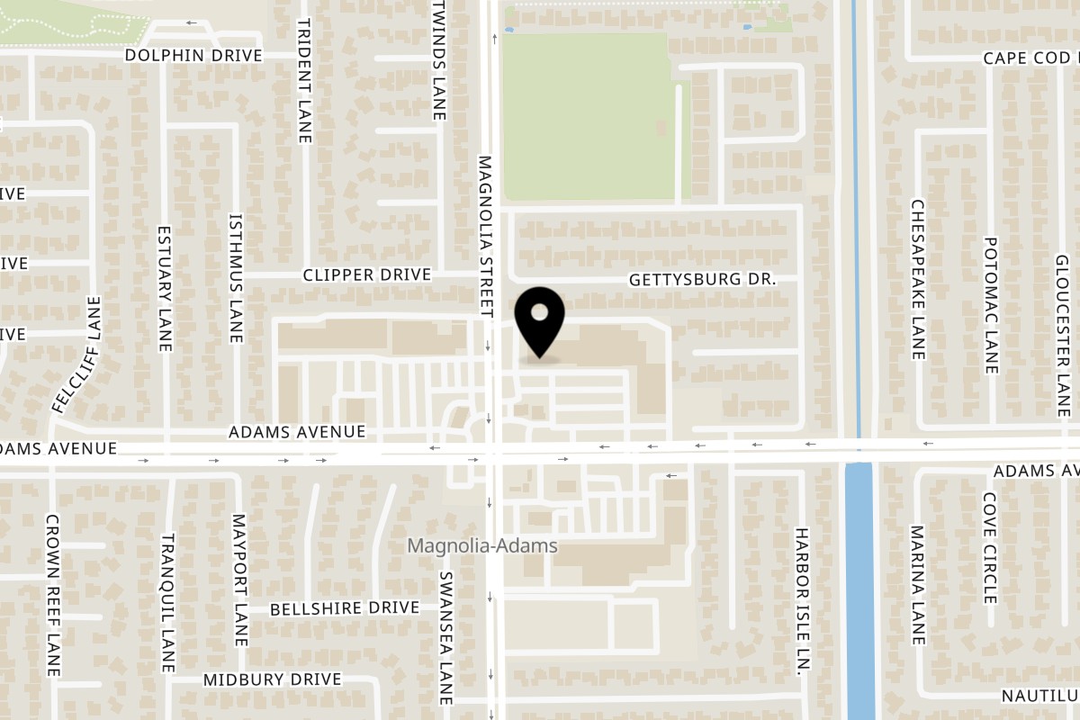 Map showing the location of Mona Lisa Cucina on 9017 Adams Ave in Huntington Beach